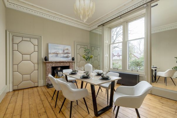 Chandelier, Dining room, Fireplace, Interior, Stone Walls, Wood Texture Flooring