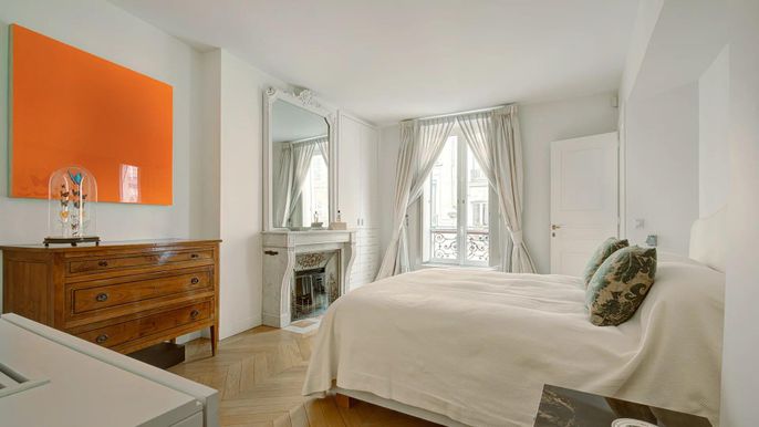 Bedroom, Fireplace, Interior, Wood Texture Flooring