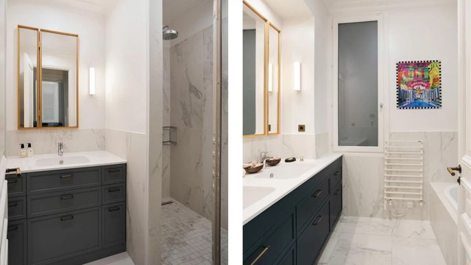 Bathroom, Dual Sink Vanities, Interior, Marble, Marble Walls