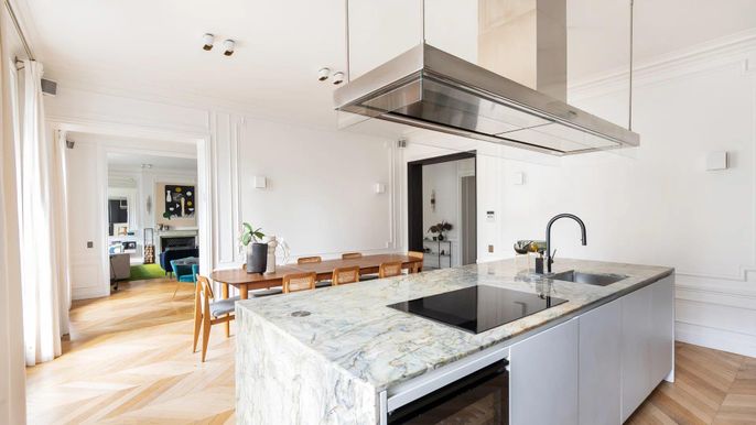 Interior, Kitchen, Pendant Lights, Stainless Steel Appliances, Wood Texture Flooring