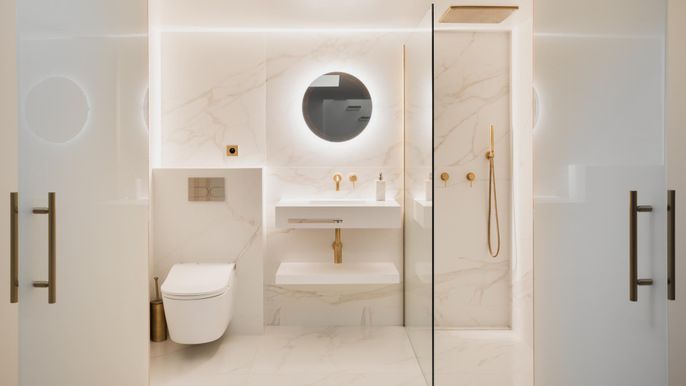 Bathroom, Glass Shower, Interior, Marble, Marble Walls