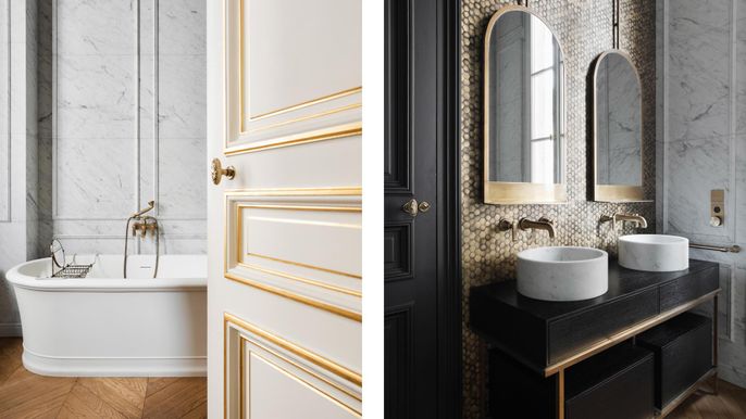 Bathroom, Dual Sink Vanities, Interior, Marble Walls, Wood Texture Flooring