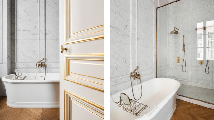 Bathroom, Free Standing Baths, Glass Shower, Interior, Marble Walls, Wood Texture Flooring
