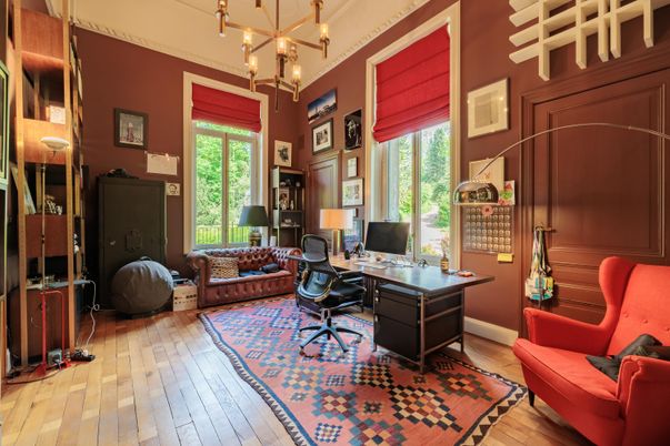 Chandelier, Home Office, Interior, Wood Texture Flooring