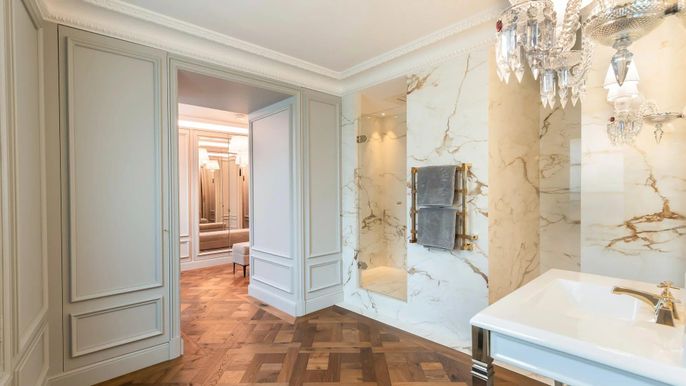 Bathroom, Interior, Marble Walls, Wood Texture Flooring