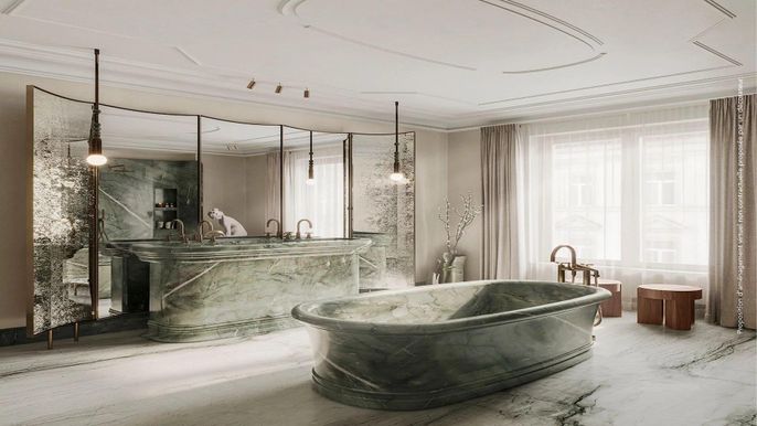 Bathroom, Free Standing Baths, Interior, Marble, Pendant Lights