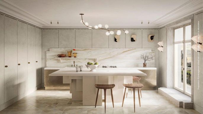 Interior, Kitchen, Marble Walls, Pendant Lights