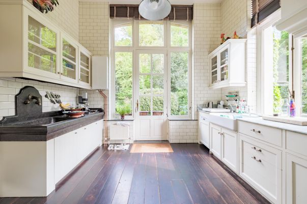 Interior, Kitchen, Pendant Lights, Stone Walls, Wood Texture Flooring