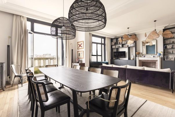 Dining room, Fireplace, Interior, Living room, Pendant Lights, Wood Texture Flooring