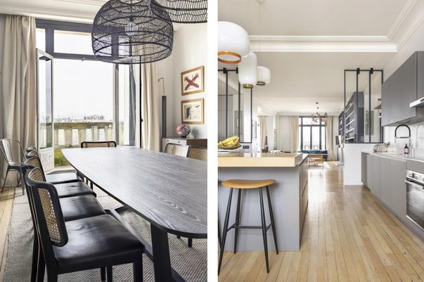 Dining room, Interior, Kitchen, Pendant Lights, Wood Texture Flooring