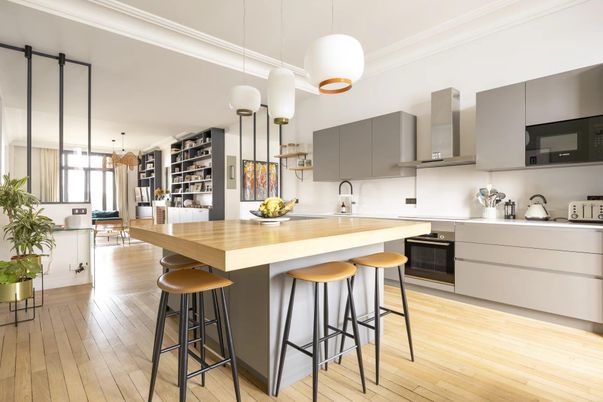 Interior, Kitchen, Pendant Lights, Stainless Steel Appliances, Wood Texture Flooring