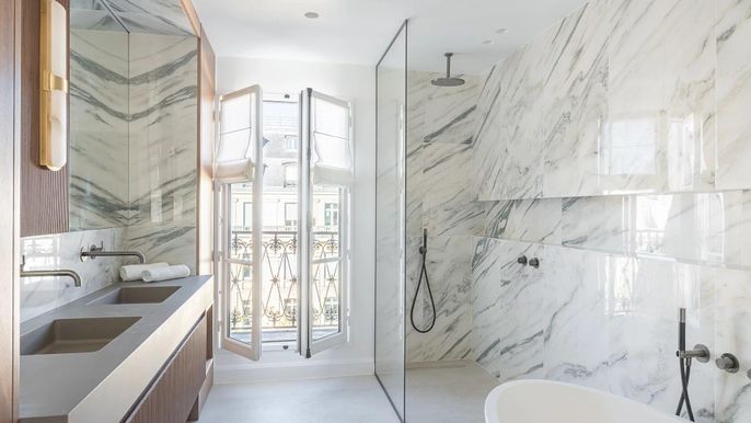 Bathroom, Glass Shower, Interior, Marble Walls, Recessed Lighting