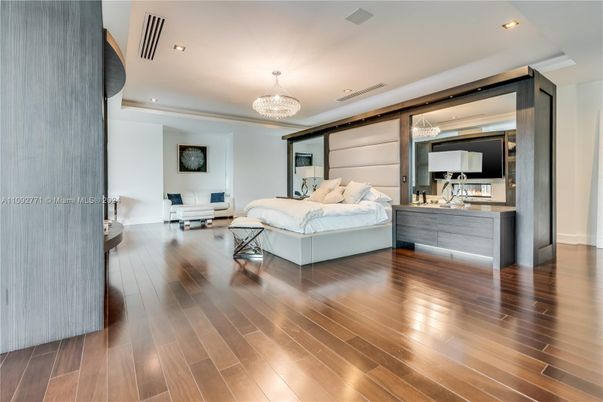 Bedroom, Chandelier, Interior, Recessed Lighting, Wood Texture Flooring