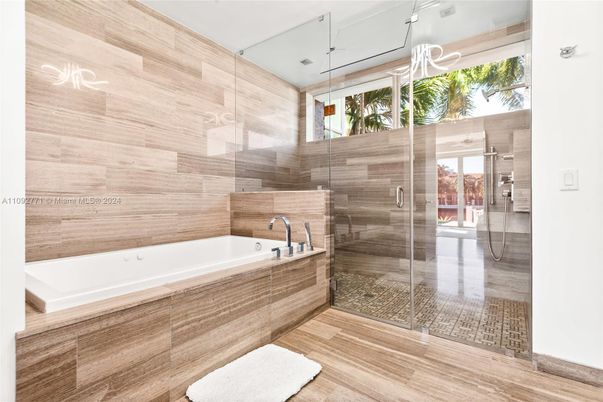 Bathroom, Glass Shower, Interior, Wood Texture Flooring