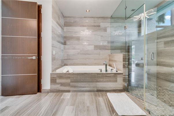 Bathroom, Glass Shower, Interior, Recessed Lighting, Wood Texture Flooring