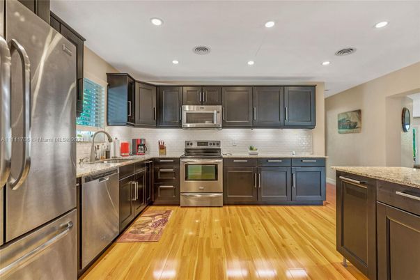 Interior, Kitchen, Recessed Lighting, Stainless Steel Appliances, Wood Texture Flooring