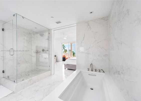 Bathroom, Bedroom, Glass Shower, Interior, Marble, Marble Walls, Recessed Lighting