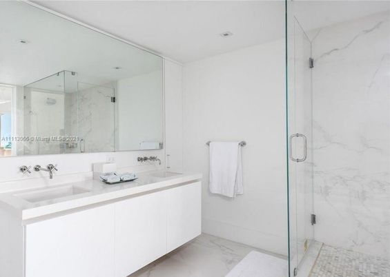 Bathroom, Glass Shower, Interior, Marble, Marble Walls, Recessed Lighting