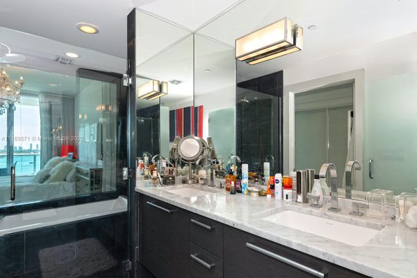 Bathroom, Chandelier, Dual Sink Vanities, Glass Shower, Interior, Recessed Lighting