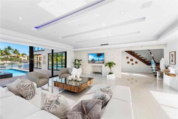 Fireplace, Interior, Living room, Recessed Lighting, Stone Walls, Water