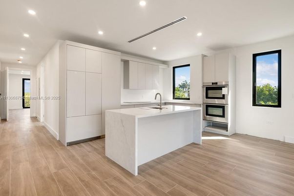 Interior, Kitchen, Recessed Lighting, Stainless Steel Appliances, Wood Texture Flooring