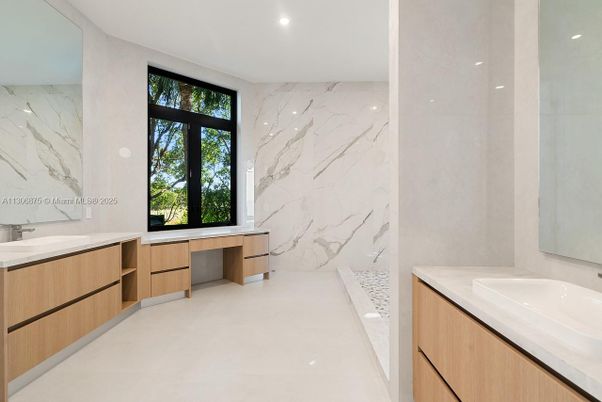 Bathroom, Dual Sink Vanities, Interior, Marble Walls, Recessed Lighting