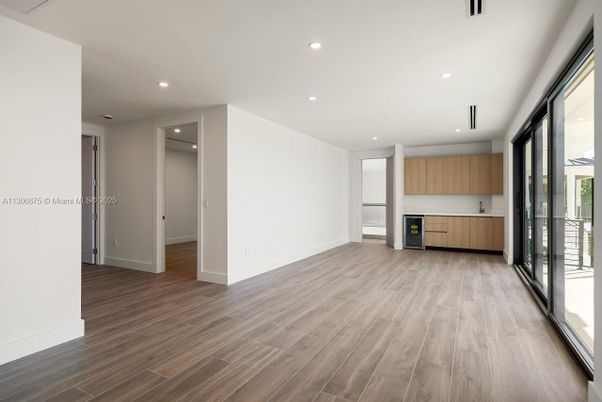 Empty room, Interior, Kitchen, Recessed Lighting, Wood Texture Flooring