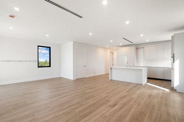Empty room, Interior, Kitchen, Recessed Lighting, Wood Texture Flooring