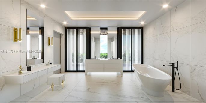 Bathroom, Dual Sink Vanities, Free Standing Baths, Interior, Marble, Marble Walls, Recessed Lighting