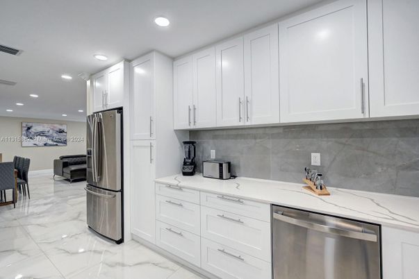 Interior, Kitchen, Marble, Recessed Lighting, Stainless Steel Appliances