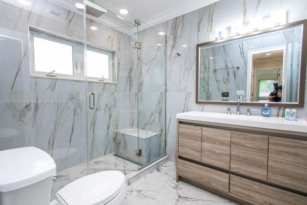 Bathroom, Free Standing Baths, Glass Shower, Interior, Marble, Marble Walls, Recessed Lighting