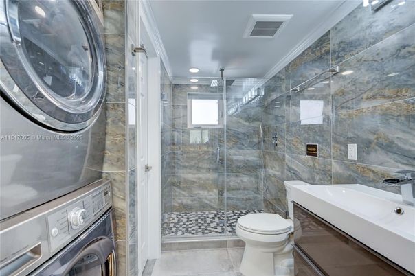 Bathroom, Glass Shower, Interior, Recessed Lighting, Washer