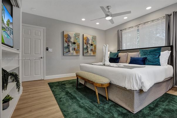 Bedroom, Interior, Recessed Lighting, Wood Texture Flooring