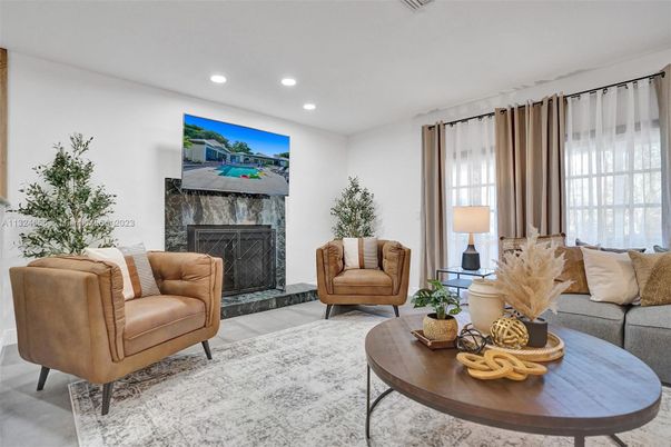 Fireplace, Interior, Living room, Recessed Lighting, Wood Texture Flooring