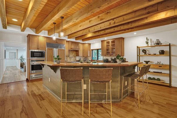 Interior, Kitchen, Pendant Lights, Recessed Lighting, Stainless Steel Appliances, Wooden Beams, Wooden Ceilings, Wood Texture Flooring