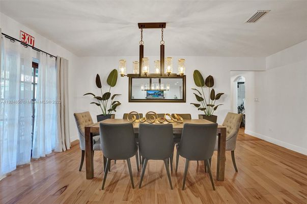 Dining room, Interior, Pendant Lights, Wood Texture Flooring