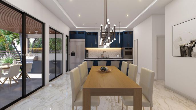 Dining room, Interior, Kitchen, Marble, Pendant Lights, Recessed Lighting, Stainless Steel Appliances