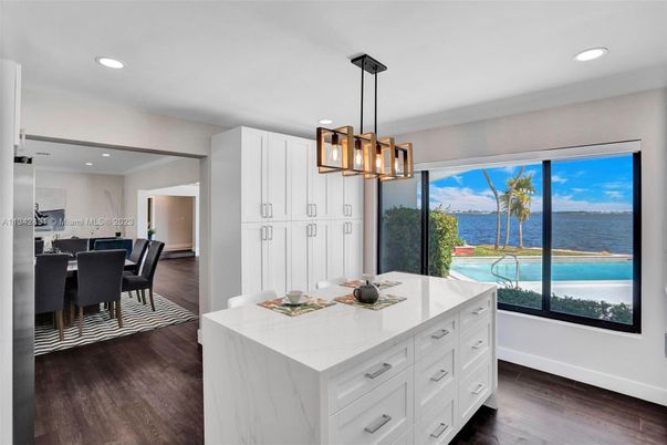 Dining room, Interior, Kitchen, Pendant Lights, Recessed Lighting, Water, Wood Texture Flooring