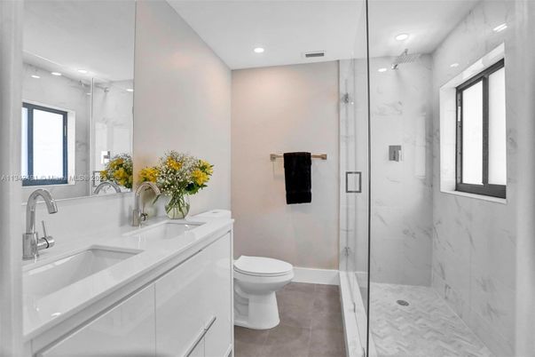Bathroom, Glass Shower, Interior, Marble, Marble Walls, Recessed Lighting