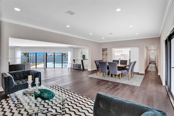 Dining room, Interior, Living room, Recessed Lighting, Water, Wood Texture Flooring