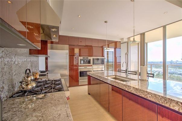 Interior, Kitchen, Pendant Lights, Recessed Lighting, Stainless Steel Appliances, Water, Wood Texture Flooring