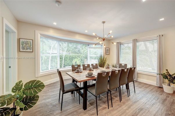 Dining room, Interior, Pendant Lights, Recessed Lighting, Wood Texture Flooring