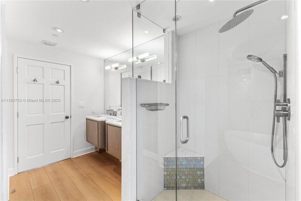 Bathroom, Glass Shower, Interior, Recessed Lighting, Wood Texture Flooring