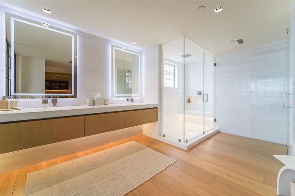 Bathroom, Glass Shower, Interior, Recessed Lighting, Wood Texture Flooring