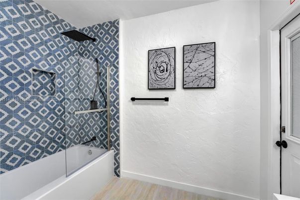 Bathroom, Glass Shower, Interior, Wood Texture Flooring
