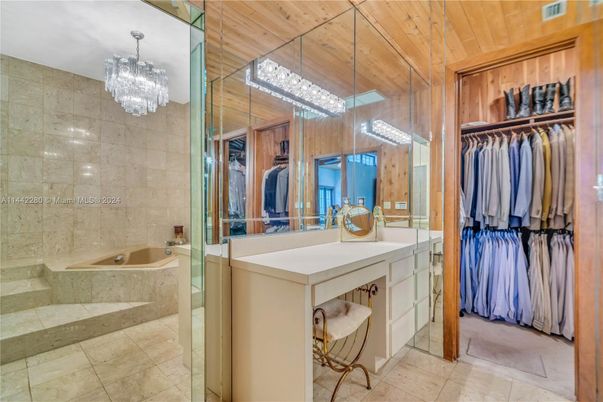 Bathroom, Chandelier, Interior, Walk-in Closets, Wooden Ceilings, Wooden Walls