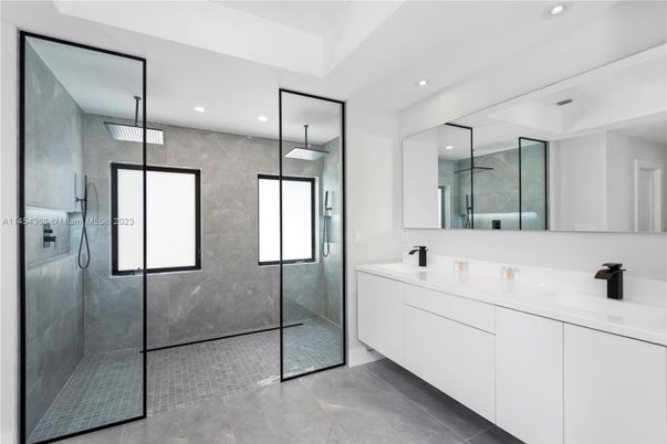 Bathroom, Dual Sink Vanities, Glass Shower, Interior, Recessed Lighting