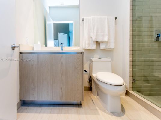 Bathroom, Glass Shower, Interior, Wood Texture Flooring