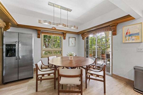 Dining room, Interior, Pendant Lights, Wood Texture Flooring