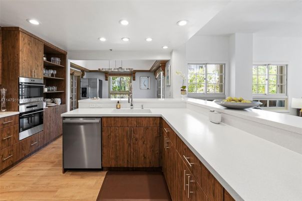 Interior, Kitchen, Recessed Lighting, Stainless Steel Appliances, Wood Texture Flooring